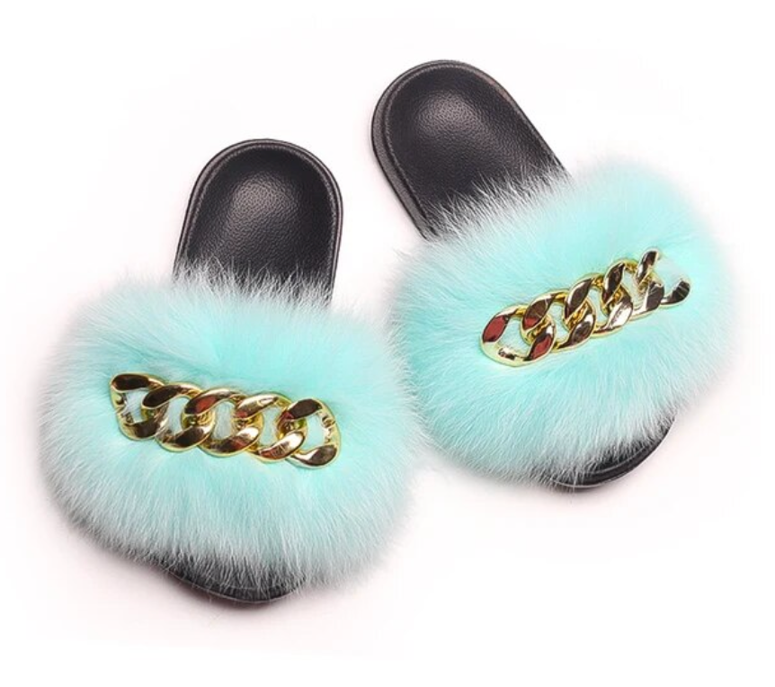 Fox Fur Slippers Plush Trending Gold Chain Furry Woman Cute Indoor Slipper Slides