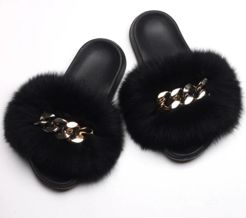 Fox Fur Slippers Plush Trending Gold Chain Furry Woman Cute Indoor Slipper Slides