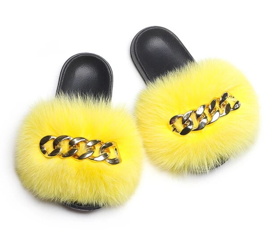 Fox Fur Slippers Plush Trending Gold Chain Furry Woman Cute Indoor Slipper Slides