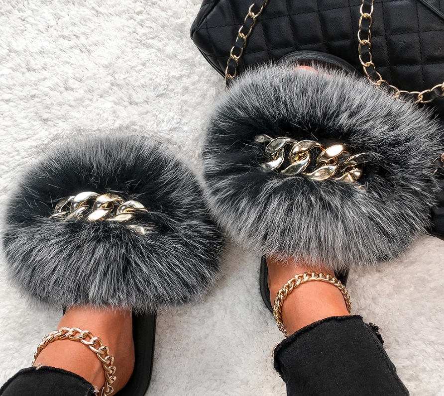 Fashion Fox Raccoon Fur Womans Gold Chain Trending Slippers Multi-Color Design