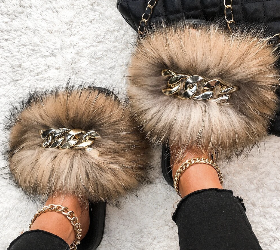 Fashion Fox Raccoon Fur Womans Gold Chain Trending Slippers Multi-Color Design