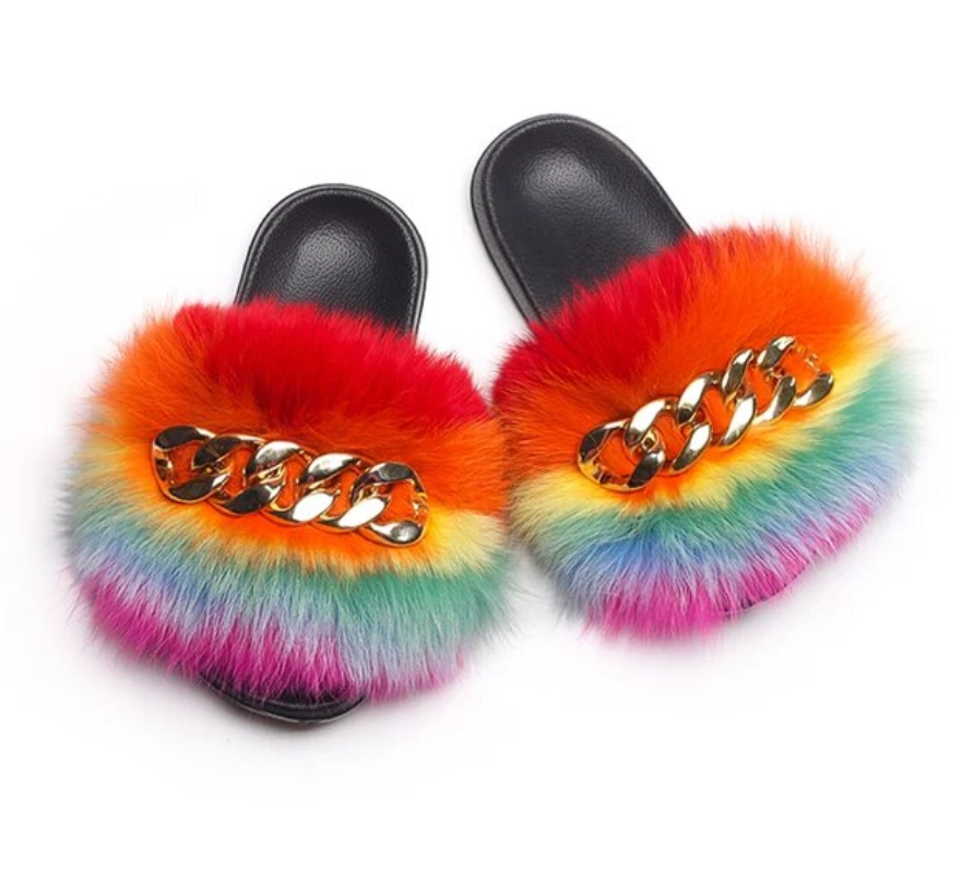 Fashion Fox Raccoon Fur Womans Gold Chain Trending Slippers Multi-Color Design