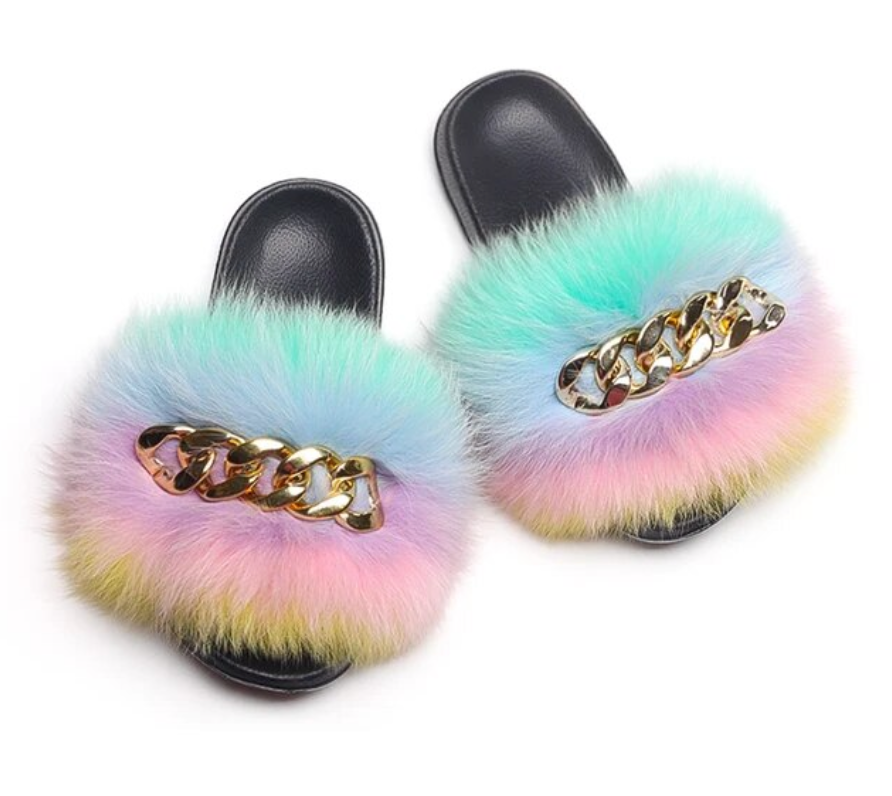 Fashion Fox Raccoon Fur Womans Gold Chain Trending Slippers Multi-Color Design