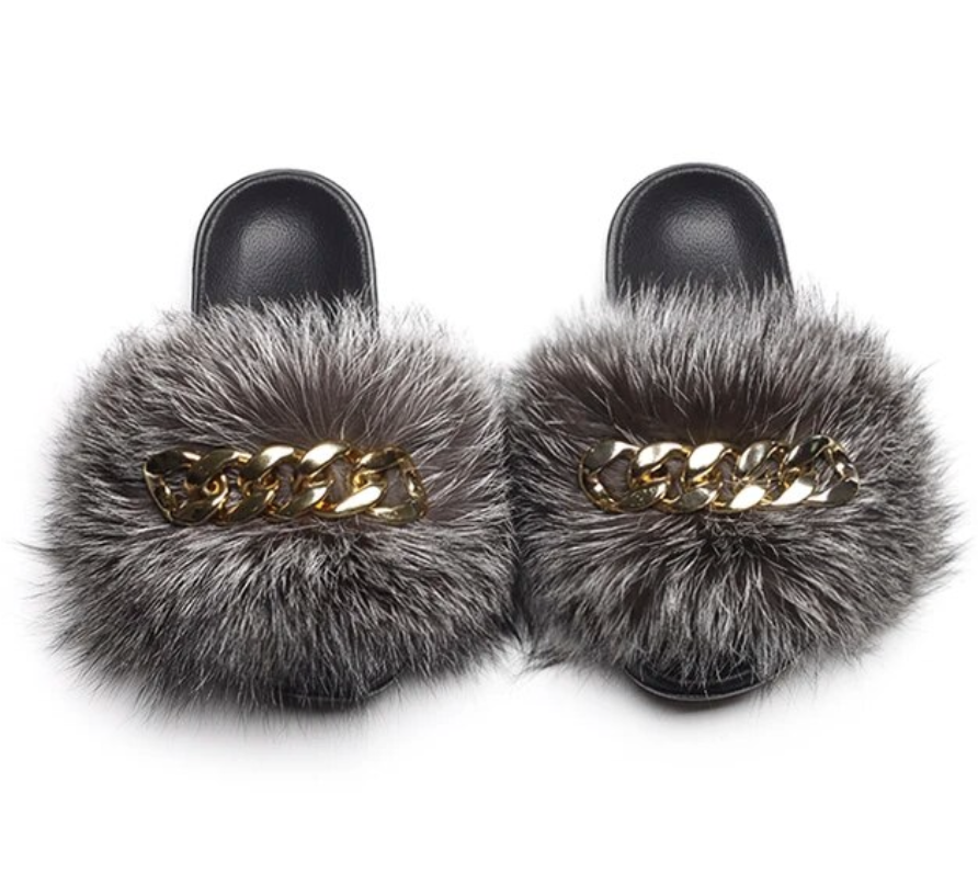 Fashion Fox Raccoon Fur Womans Gold Chain Trending Slippers Multi-Color Design