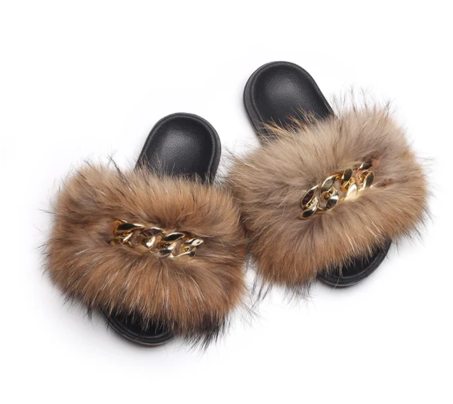 Fashion Fox Raccoon Fur Womans Gold Chain Trending Slippers Multi-Color Design
