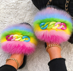 NEW Fashion Slides Womans Fur Matching Color Chain Soft Furry Fox Fur Chain Sandals