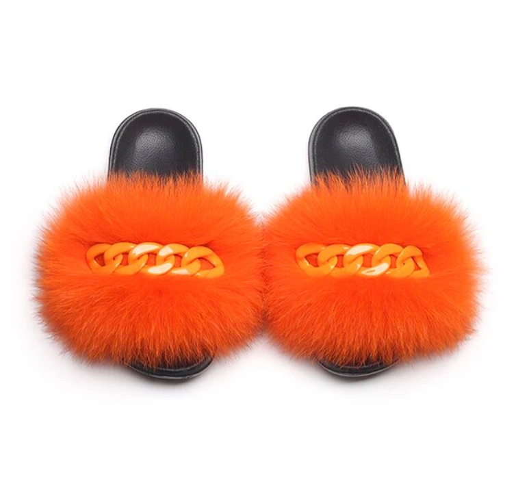 NEW Fashion Slides Womans Fur Matching Color Chain Soft Furry Fox Fur Chain Sandals