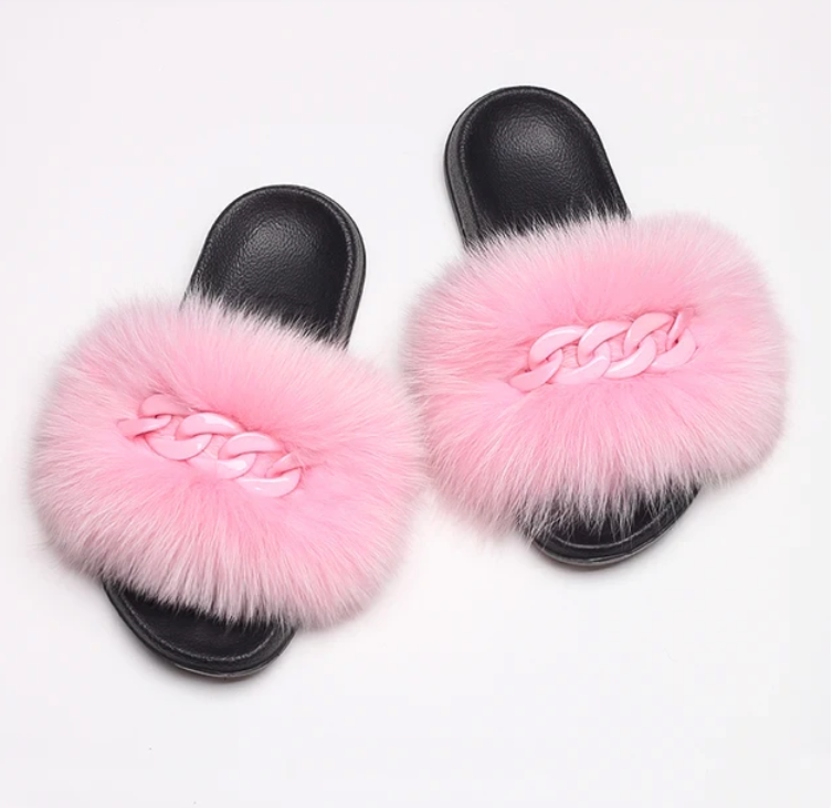 NEW Fashion Slides Womans Fur Matching Color Chain Soft Furry Fox Fur Chain Sandals