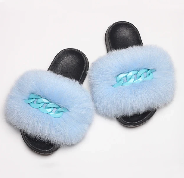 NEW Fashion Slides Womans Fur Matching Color Chain Soft Furry Fox Fur Chain Sandals