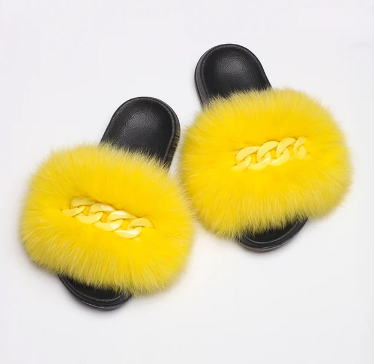 NEW Fashion Slides Womans Fur Matching Color Chain Soft Furry Fox Fur Chain Sandals
