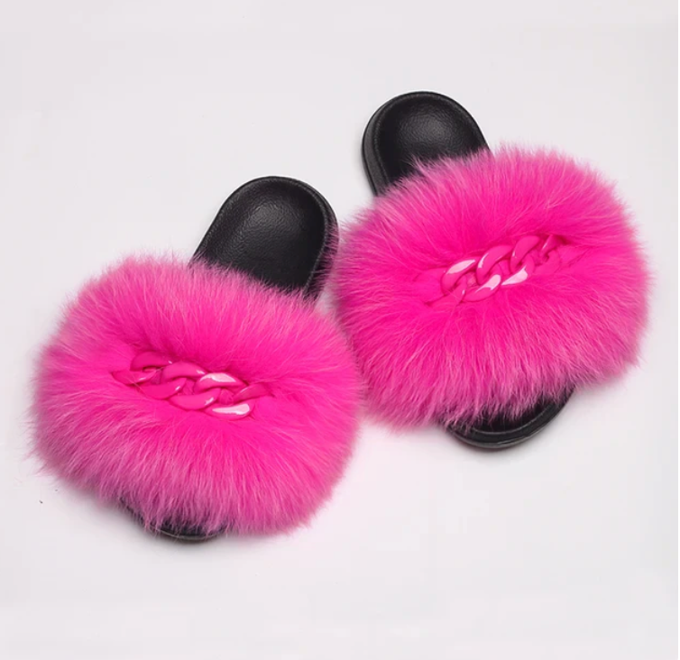NEW Fashion Slides Womans Fur Matching Color Chain Soft Furry Fox Fur Chain Sandals