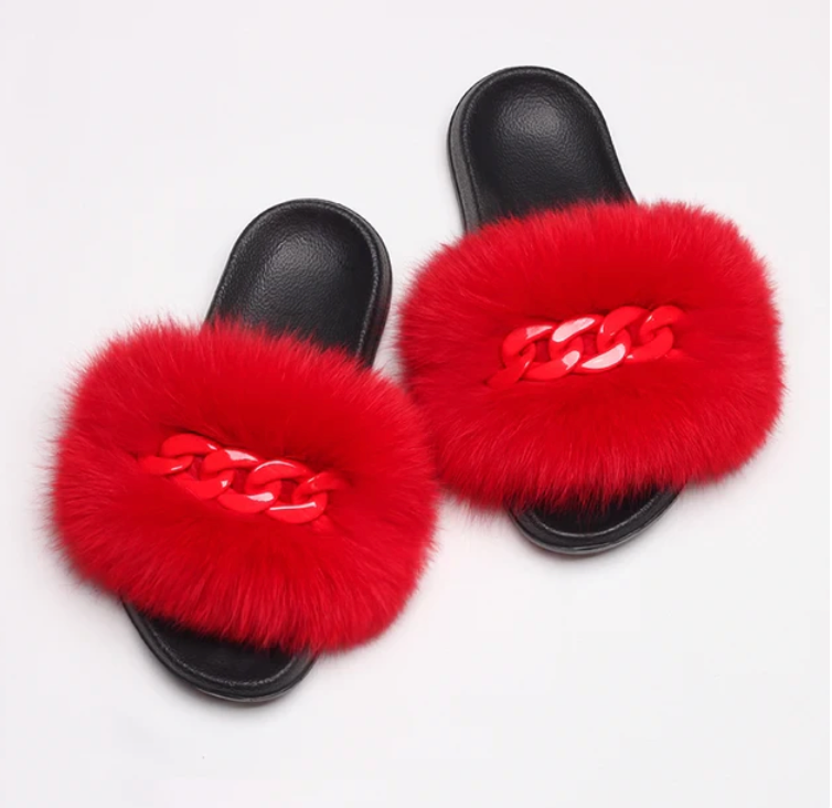 NEW Fashion Slides Womans Fur Matching Color Chain Soft Furry Fox Fur Chain Sandals