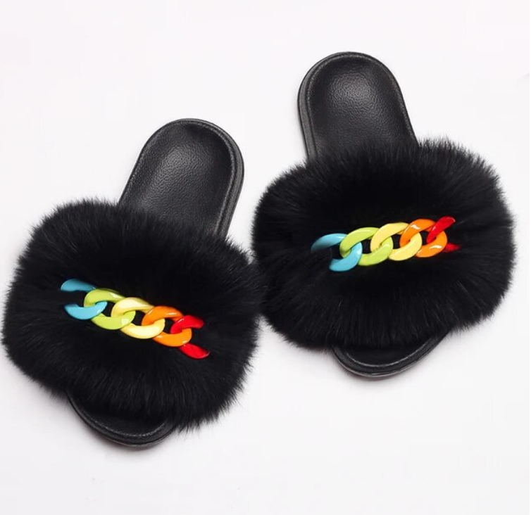 NEW Fashion Slides Womans Fur Matching Color Chain Soft Furry Fox Fur Chain Sandals