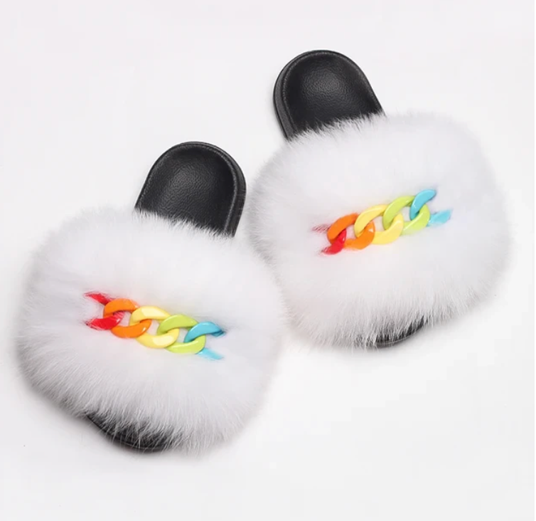 NEW Fashion Slides Womans Fur Matching Color Chain Soft Furry Fox Fur Chain Sandals