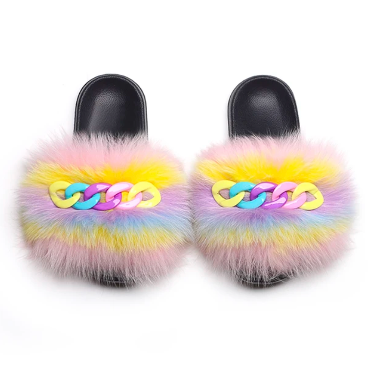 NEW Fashion Slides Womans Fur Matching Color Chain Soft Furry Fox Fur Chain Sandals