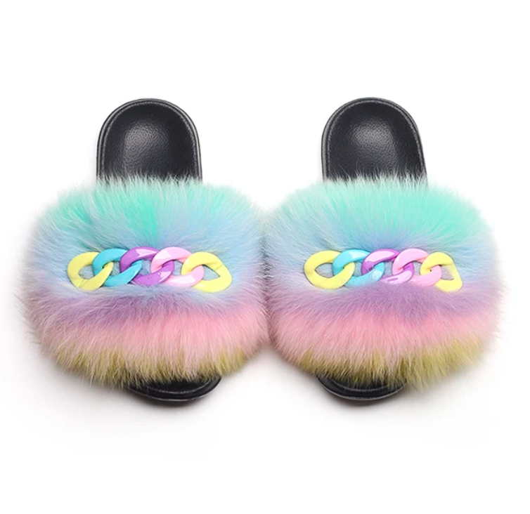 NEW Fashion Slides Womans Fur Matching Color Chain Soft Furry Fox Fur Chain Sandals