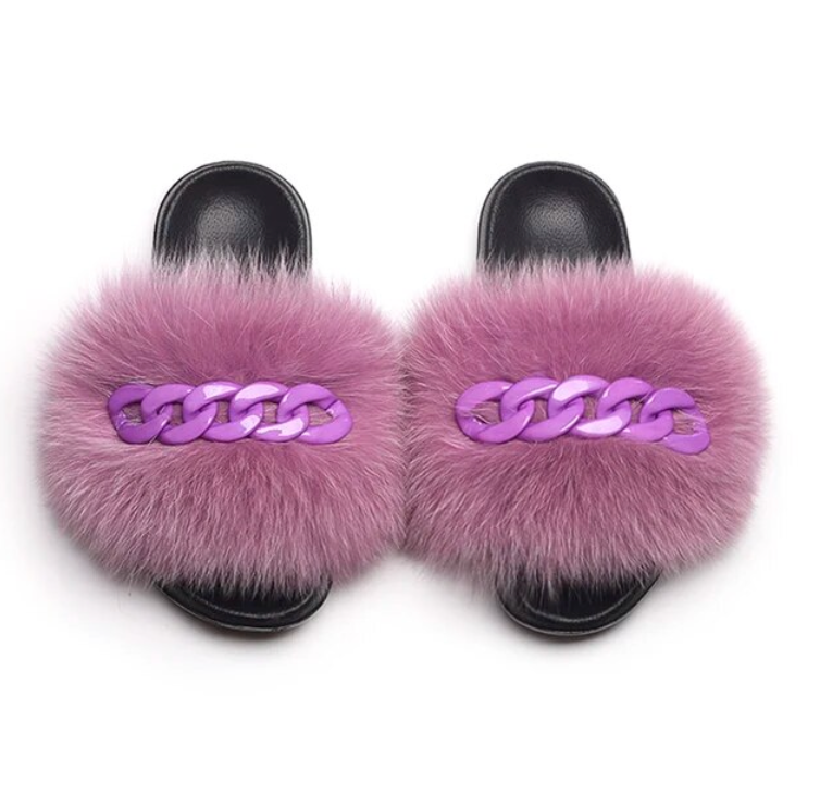 NEW Fashion Slides Womans Fur Matching Color Chain Soft Furry Fox Fur Chain Sandals