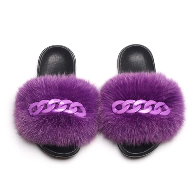 NEW Fashion Slides Womans Fur Matching Color Chain Soft Furry Fox Fur Chain Sandals