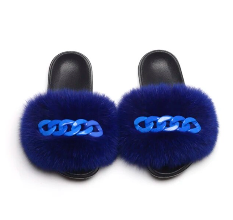 NEW Fashion Slides Womans Fur Matching Color Chain Soft Furry Fox Fur Chain Sandals
