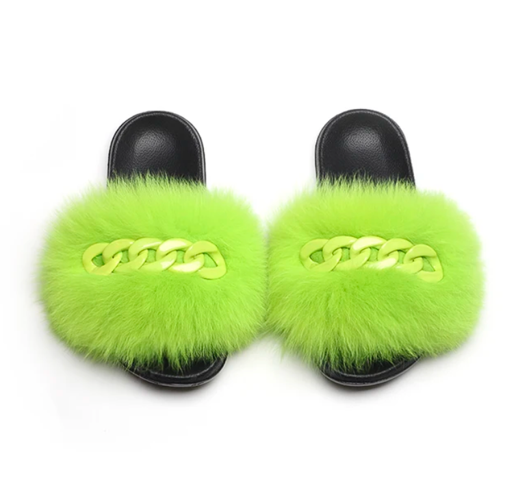 NEW Fashion Slides Womans Fur Matching Color Chain Soft Furry Fox Fur Chain Sandals