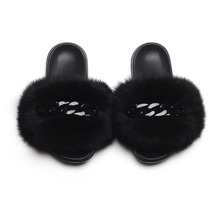 NEW Fashion Slides Womans Fur Matching Color Chain Soft Furry Fox Fur Chain Sandals