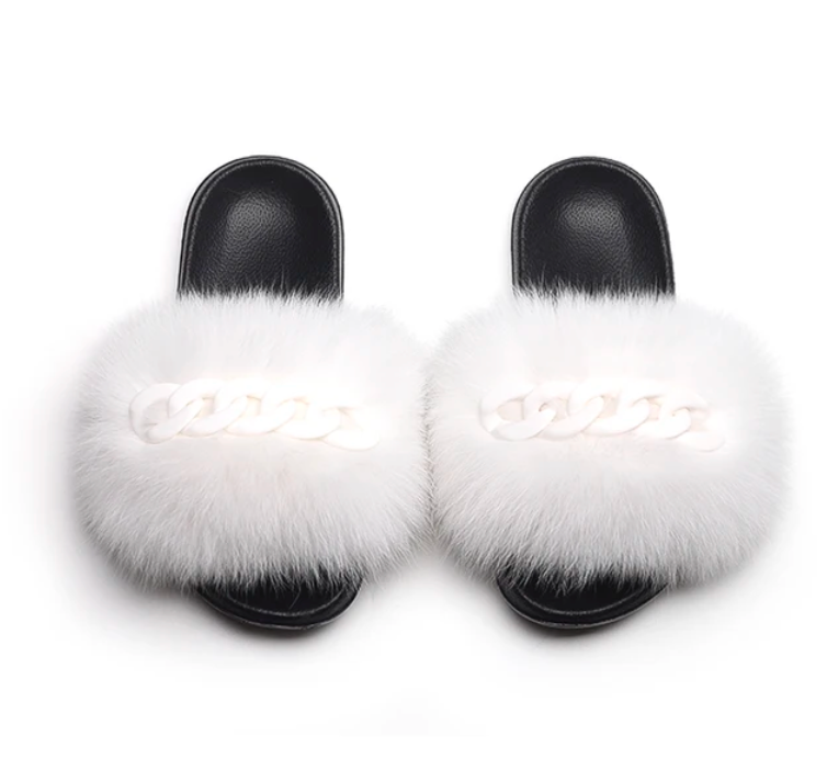 NEW Fashion Slides Womans Fur Matching Color Chain Soft Furry Fox Fur Chain Sandals