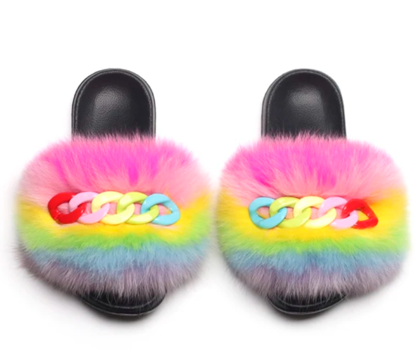 NEW Fashion Slides Womans Fur Matching Color Chain Soft Furry Fox Fur Chain Sandals