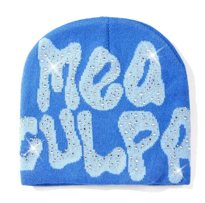 Rhinestone MEA Y2K Culpa Beanie Hat Soft Warm Knitted Stretch Men Woman Head Cap