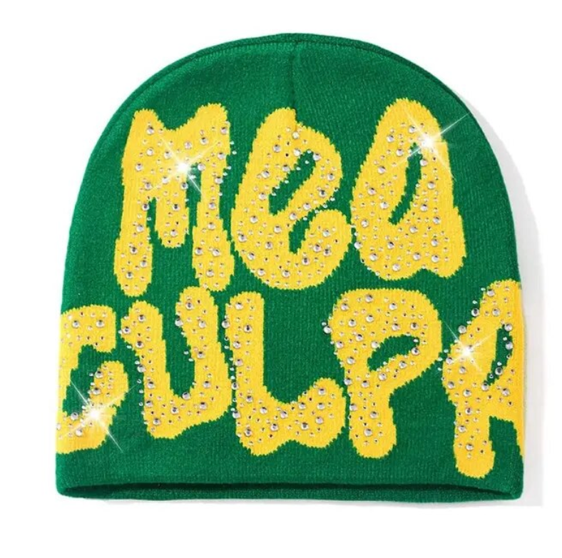 Rhinestone MEA Y2K Culpa Beanie Hat Soft Warm Knitted Stretch Men Woman Head Cap