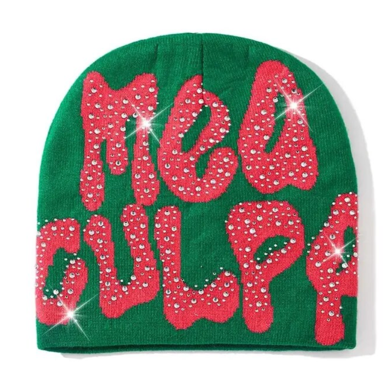 Rhinestone MEA Y2K Culpa Beanie Hat Soft Warm Knitted Stretch Men Woman Head Cap