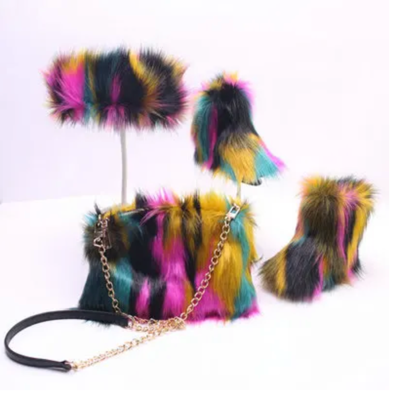 Childrens 3pcs Faux Fur Boots/ HeadBand / Fur Purse Winter Girly Fashion Accessories