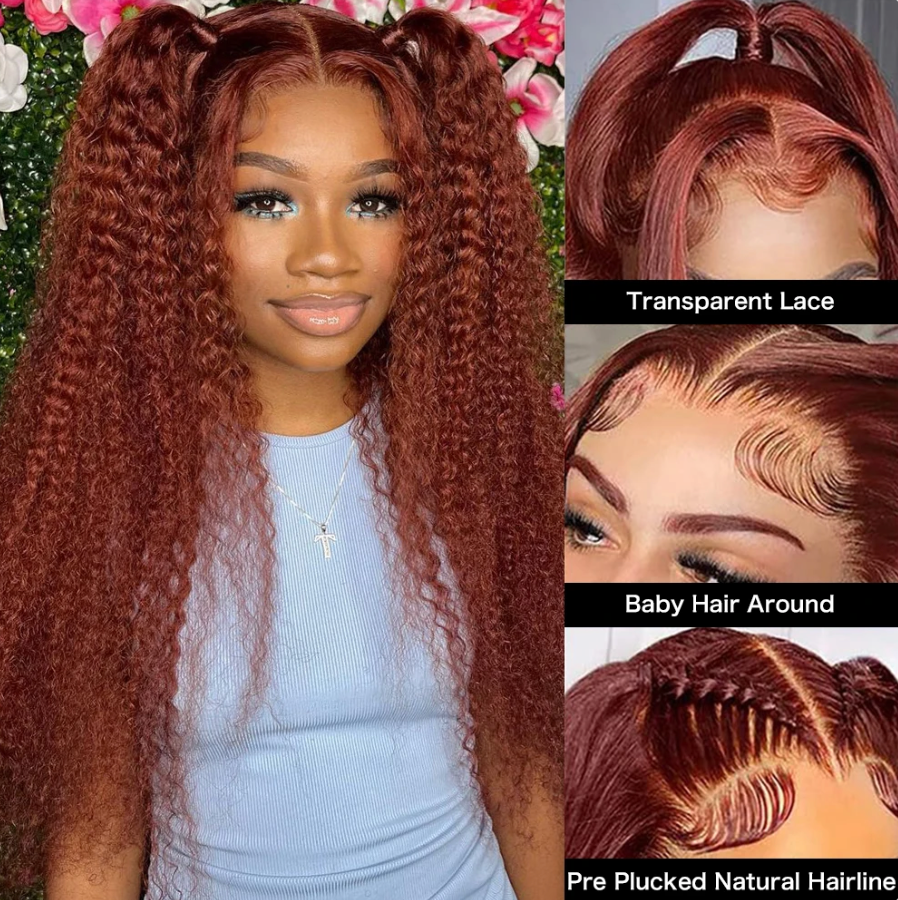 Human Hair Pre Plucked Reddish Brown Jerry Curl HD Transparent Lace 250% Density Wig