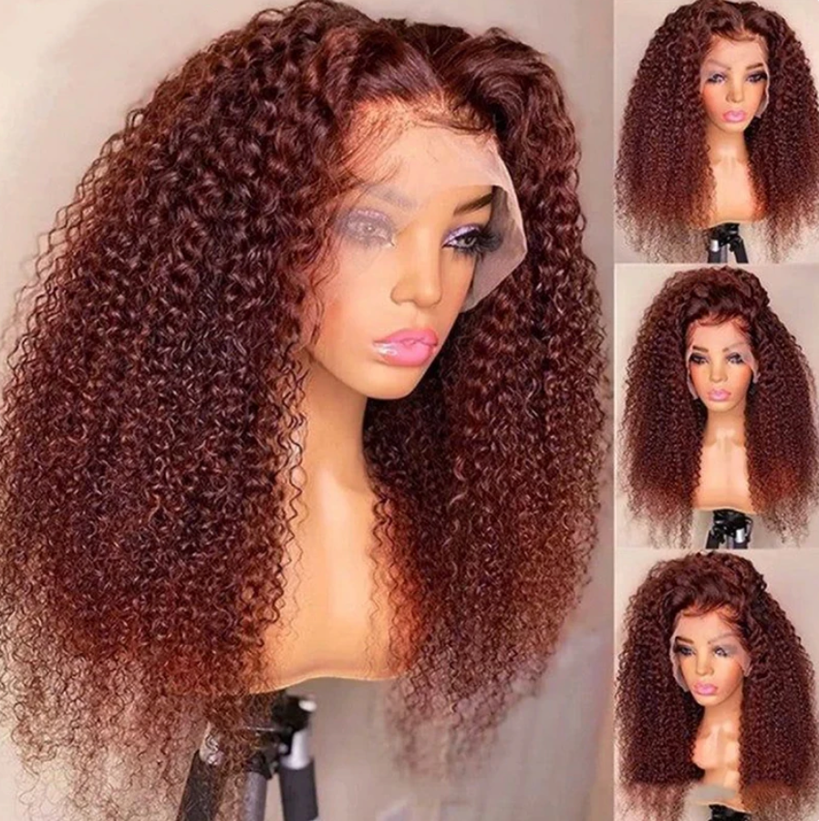 Human Hair Pre Plucked Reddish Brown Jerry Curl HD Transparent Lace 250% Density Wig