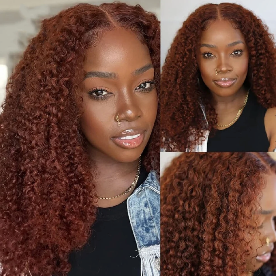 Human Hair Pre Plucked Reddish Brown Jerry Curl HD Transparent Lace 250% Density Wig