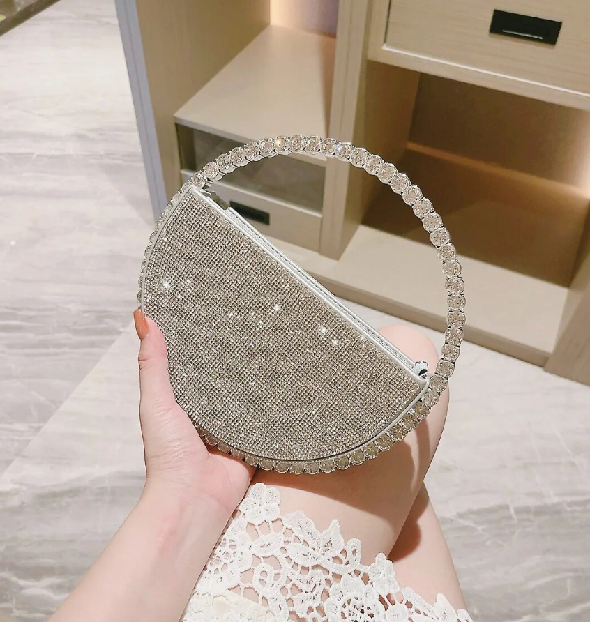 Round Hollow Clutch Purse Trending Rhinestone Silver Evening Mini Handbag For Women