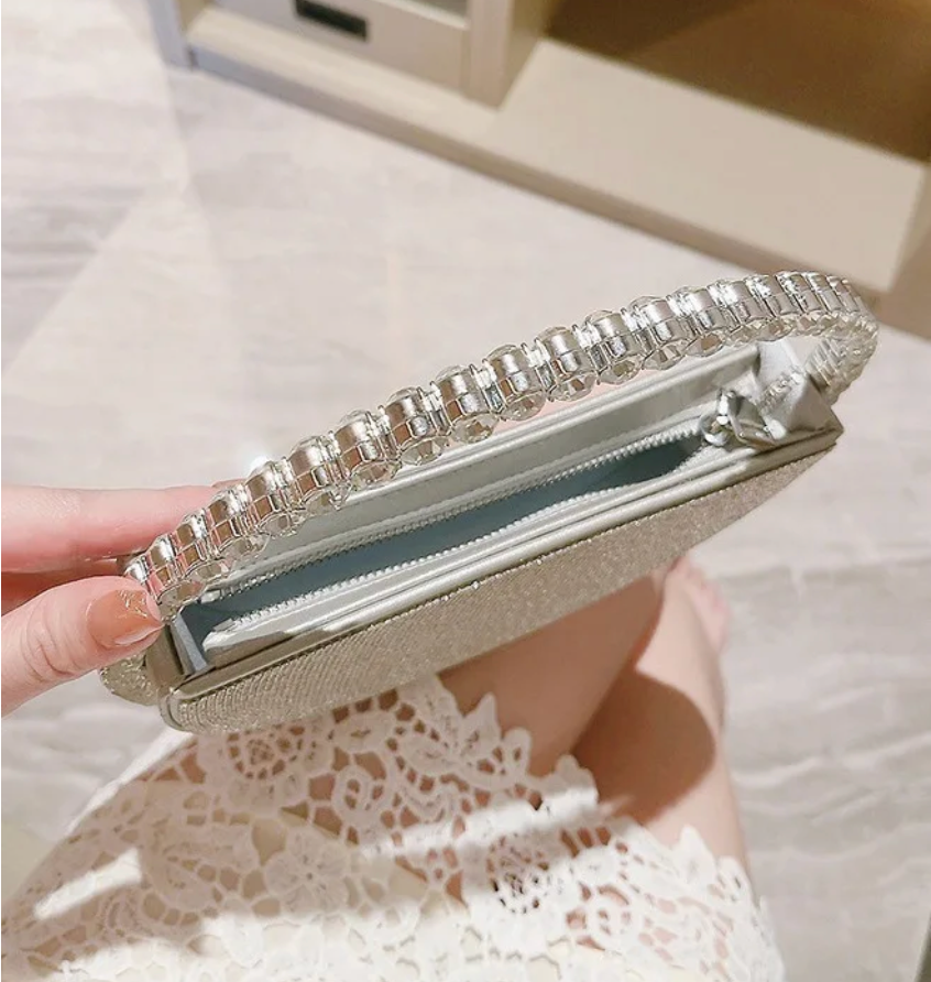 Round Hollow Clutch Purse Trending Rhinestone Silver Evening Mini Handbag For Women