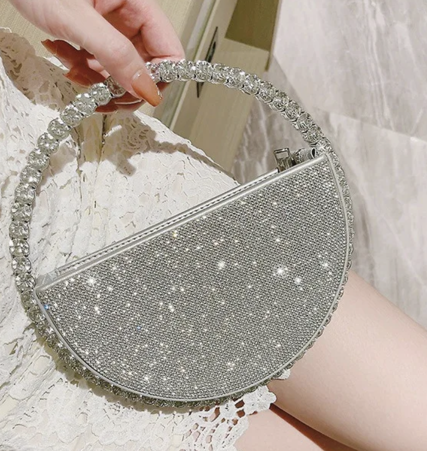 Round Hollow Clutch Purse Trending Rhinestone Silver Evening Mini Handbag For Women