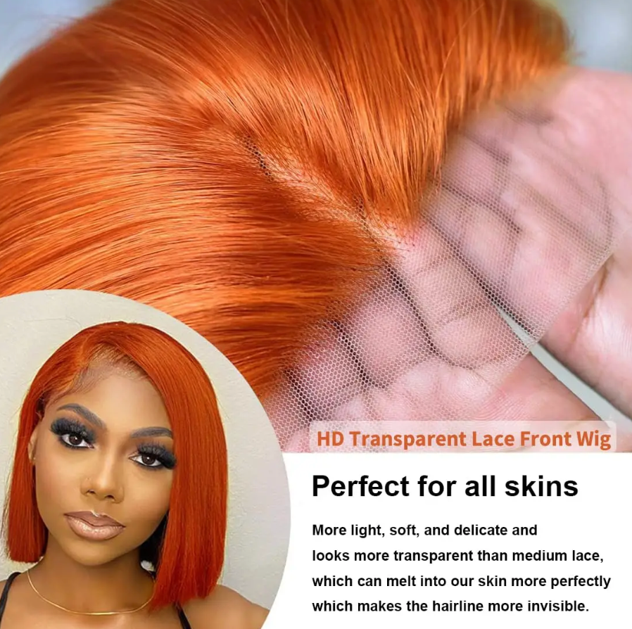 Ginger Orange Brazilian Bob Wig Bone Straight 180% 150% Density 13x4 Human Hair HD Lace Front Wig