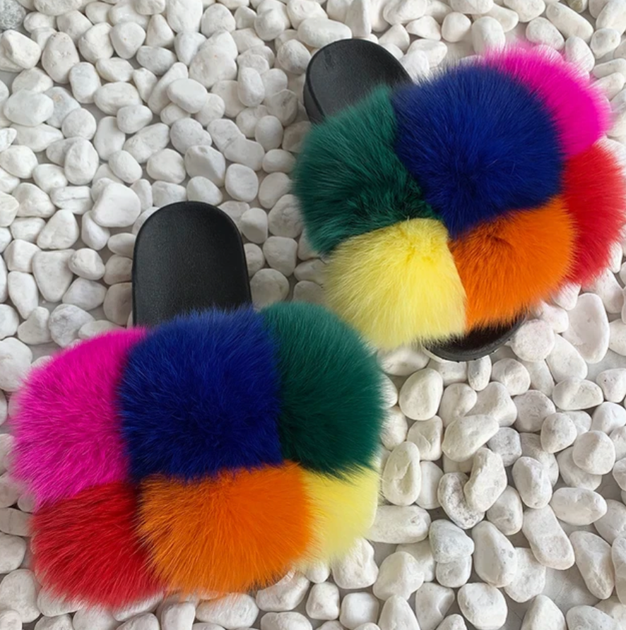 NEW Trending Pom Pom Womans Furry Slides Cute Rabbit Fur Fox Fashion Slippers