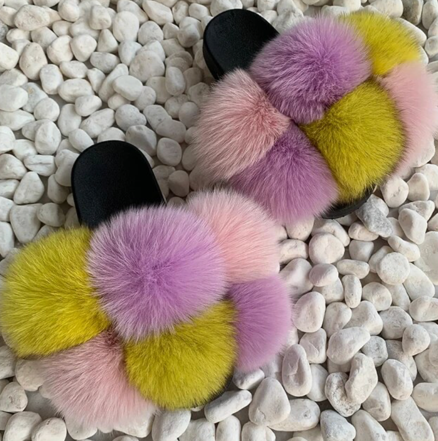 NEW Trending Pom Pom Womans Furry Slides Cute Rabbit Fur Fox Fashion Slippers