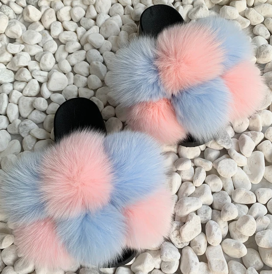 NEW Trending Pom Pom Womans Furry Slides Cute Rabbit Fur Fox Fashion Slippers
