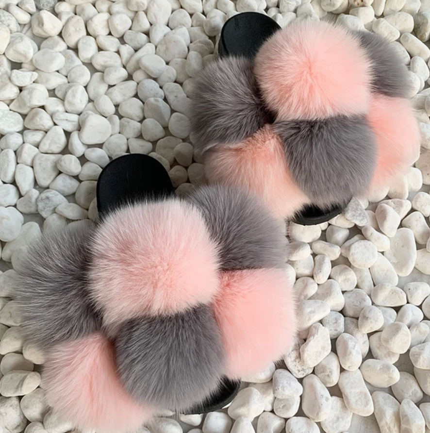 NEW Trending Pom Pom Womans Furry Slides Cute Rabbit Fur Fox Fashion Slippers