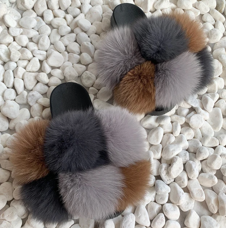NEW Trending Pom Pom Womans Furry Slides Cute Rabbit Fur Fox Fashion Slippers