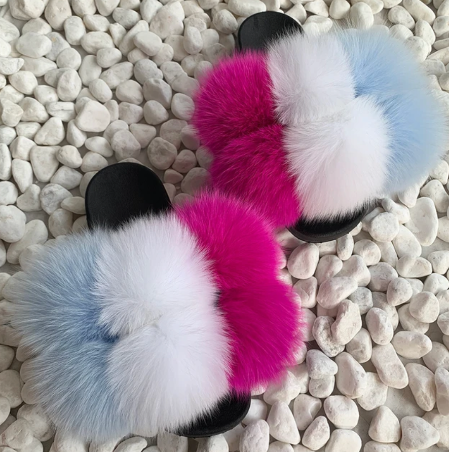 NEW Trending Pom Pom Womans Furry Slides Cute Rabbit Fur Fox Fashion Slippers