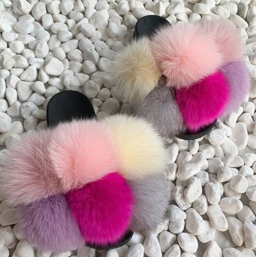 NEW Trending Pom Pom Womans Furry Slides Cute Rabbit Fur Fox Fashion Slippers