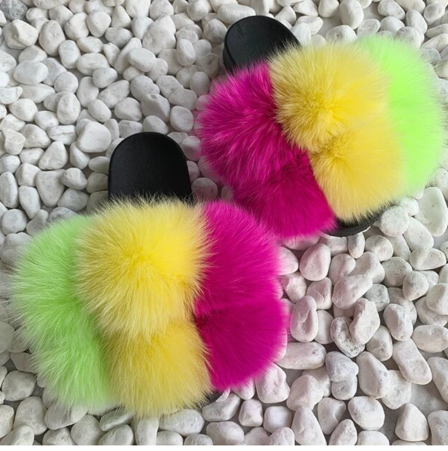 NEW Trending Pom Pom Womans Furry Slides Cute Rabbit Fur Fox Fashion Slippers