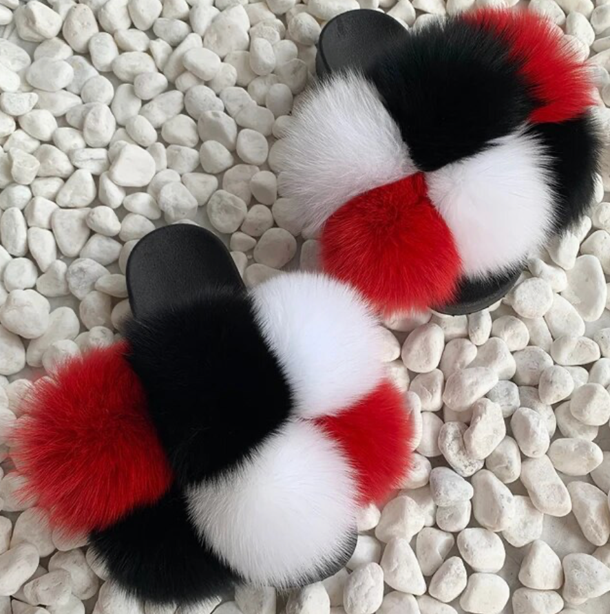 NEW Trending Pom Pom Womans Furry Slides Cute Rabbit Fur Fox Fashion Slippers