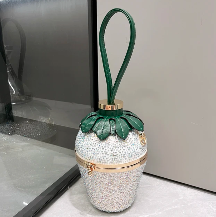 Cute Straberry Rhinestone Womans Clutch Purse Bucket Shoulder Bag