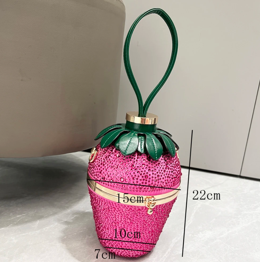Cute Straberry Rhinestone Womans Clutch Purse Bucket Shoulder Bag
