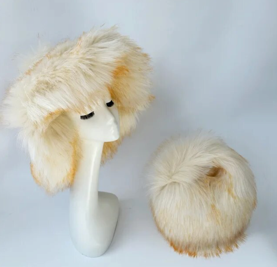 Womans Fashion Plush Faux Fur Trending Winter Rabbit Fur Oversized Fishermans Hat And Bag Set
